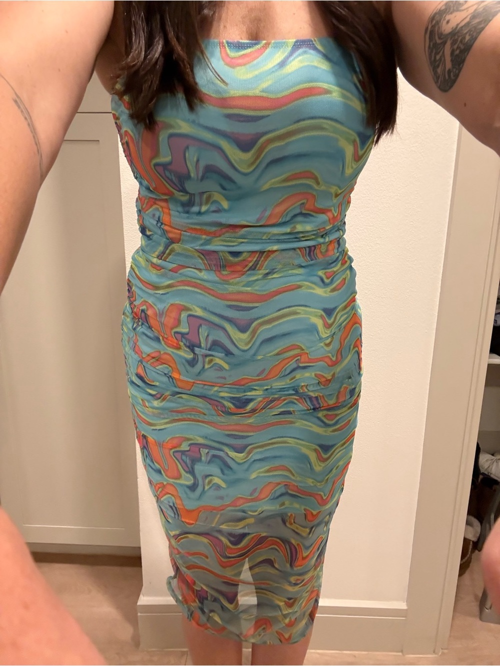 Blue Multi-Color Marble Print Mesh Slip Dress